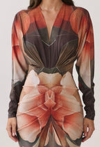 FLORAL PRINT V-NECK RUCHED MIDI DRESS
