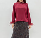 JEWELED RUFFLE NECK FEATHER CUFF BLOUSE