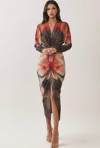FLORAL PRINT V-NECK RUCHED MIDI DRESS
