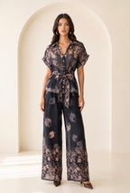 PRINTED V-NECKLINE SHORT TAP SLVS TOP W/WAIST TIE, PRINTED