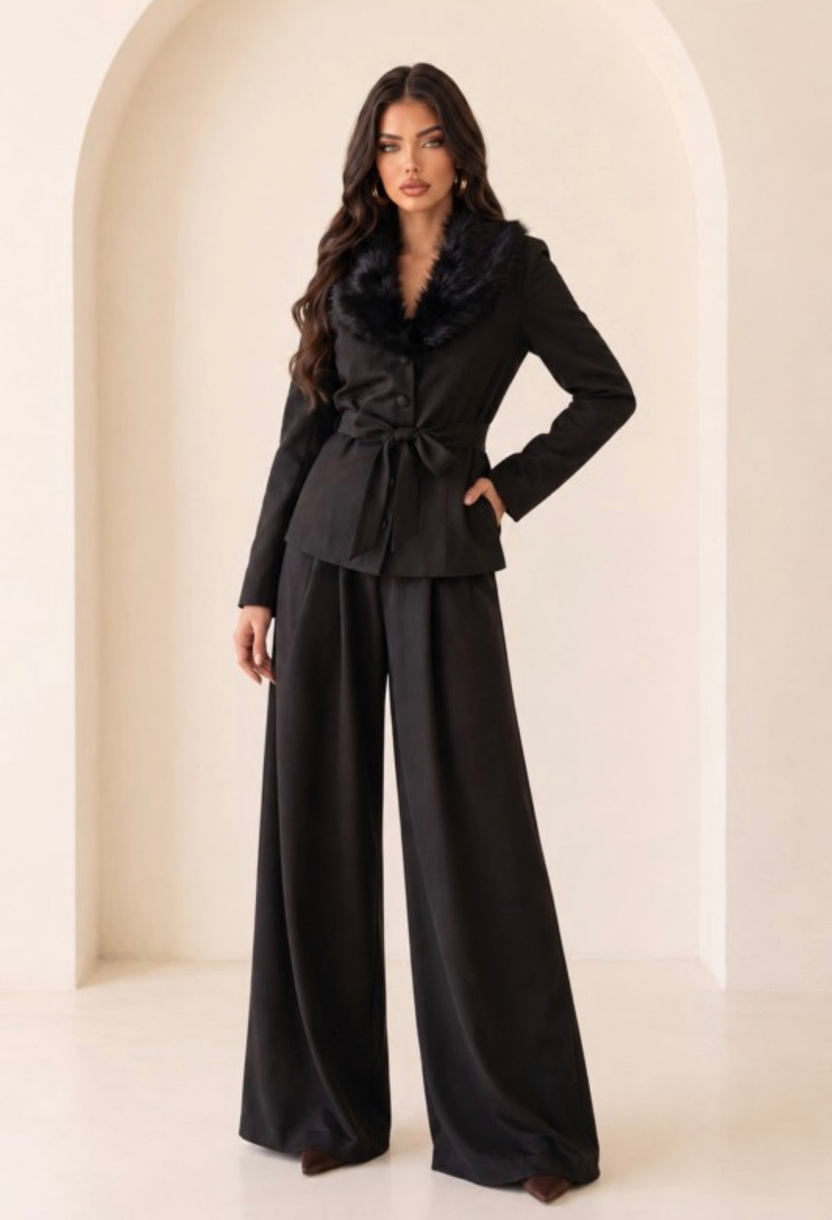 FUR TRIM COLLAR LONG SLVS JACKET W/ WAIST TIE,STRAIGHT LONG
