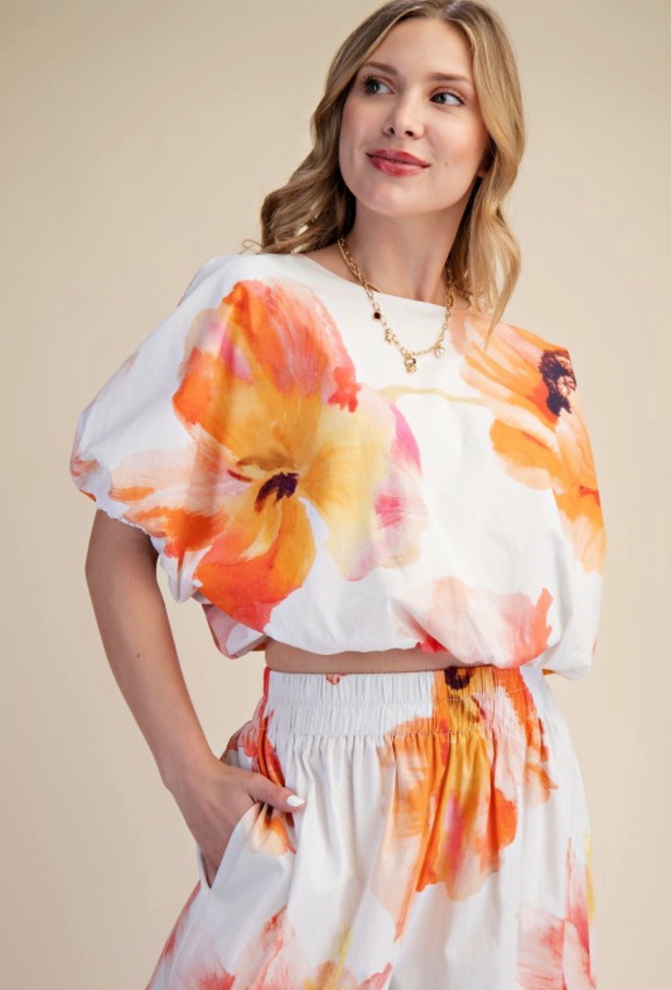 SET | ELASTIC WAIST BALLOON CROP BLOUSE + HIGH WAIST RUFFLE WIDE PANTS