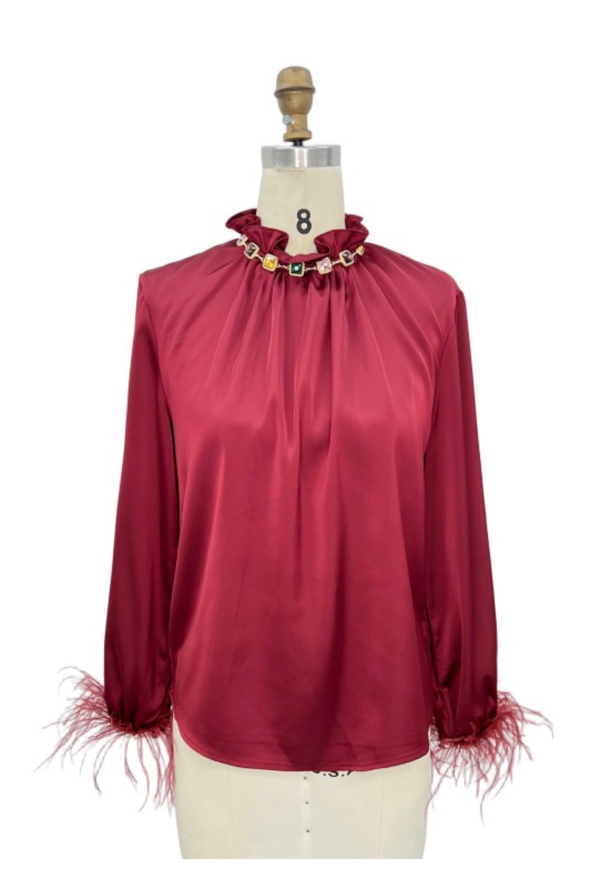 JEWELED RUFFLE NECK FEATHER CUFF BLOUSE