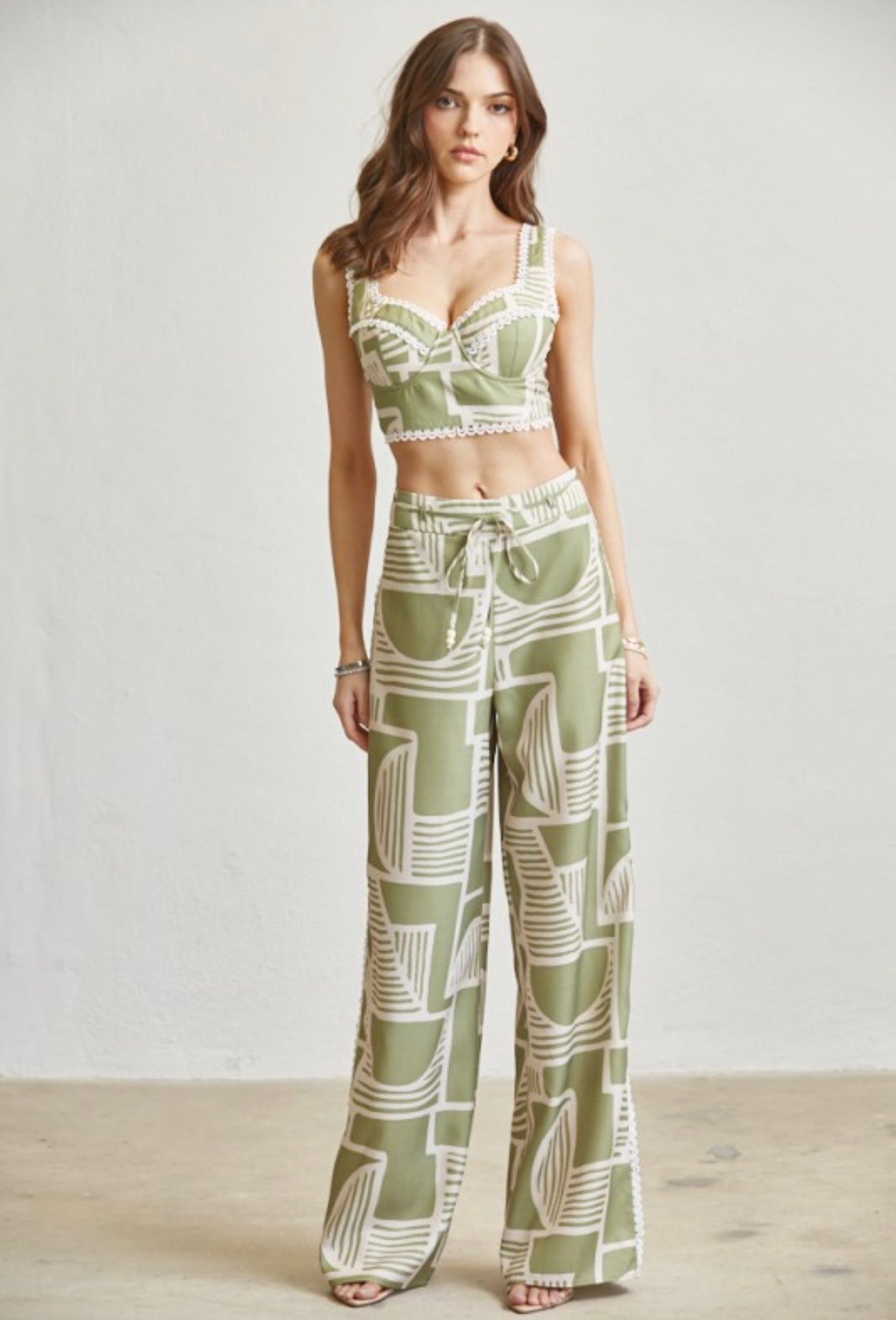 PRINTED LACE TRIM 3-PC PANT SET