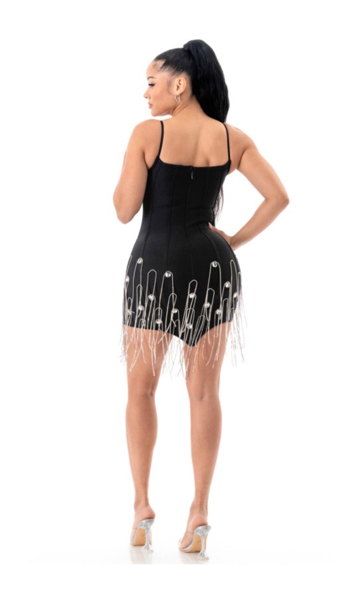 LUXE BODYCON BANDAGE MINI DRESS WITH CRYSTAL FRINGE