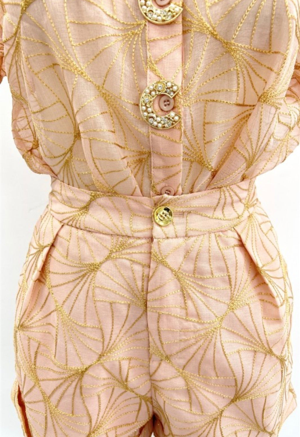 GOLD EMBROIDERED SHORT SLEEVE TOP AND SHORTS SETS