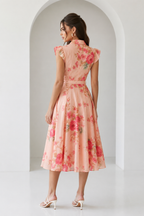 Floral Button Front Belted Midi Dress