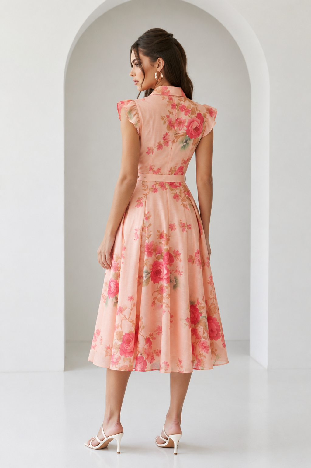 Floral Button Front Belted Midi Dress
