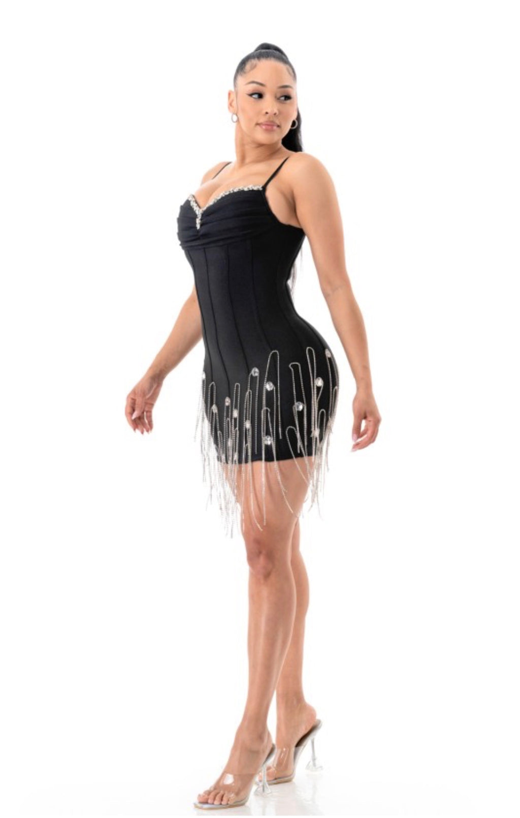 LUXE BODYCON BANDAGE MINI DRESS WITH CRYSTAL FRINGE