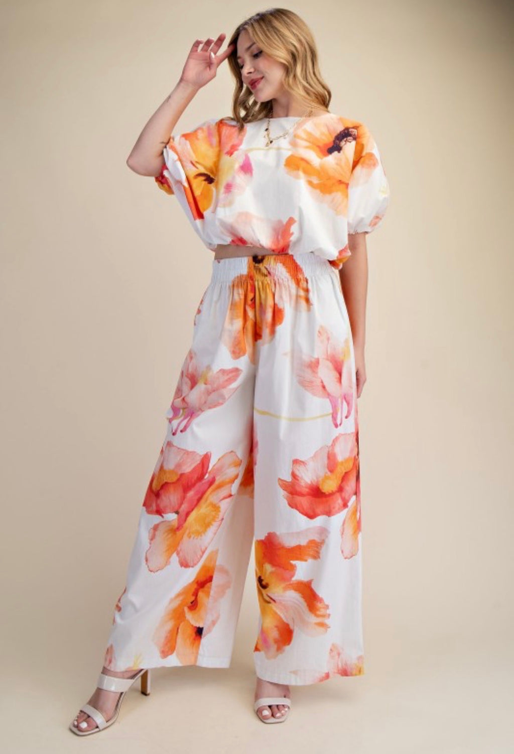 SET | ELASTIC WAIST BALLOON CROP BLOUSE + HIGH WAIST RUFFLE WIDE PANTS