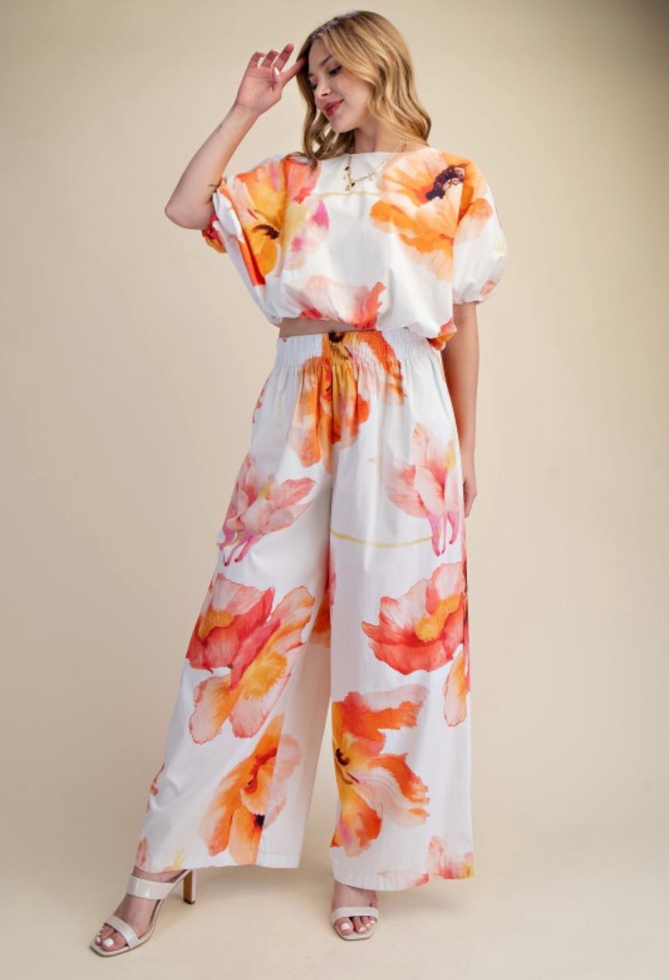SET | ELASTIC WAIST BALLOON CROP BLOUSE + HIGH WAIST RUFFLE WIDE PANTS