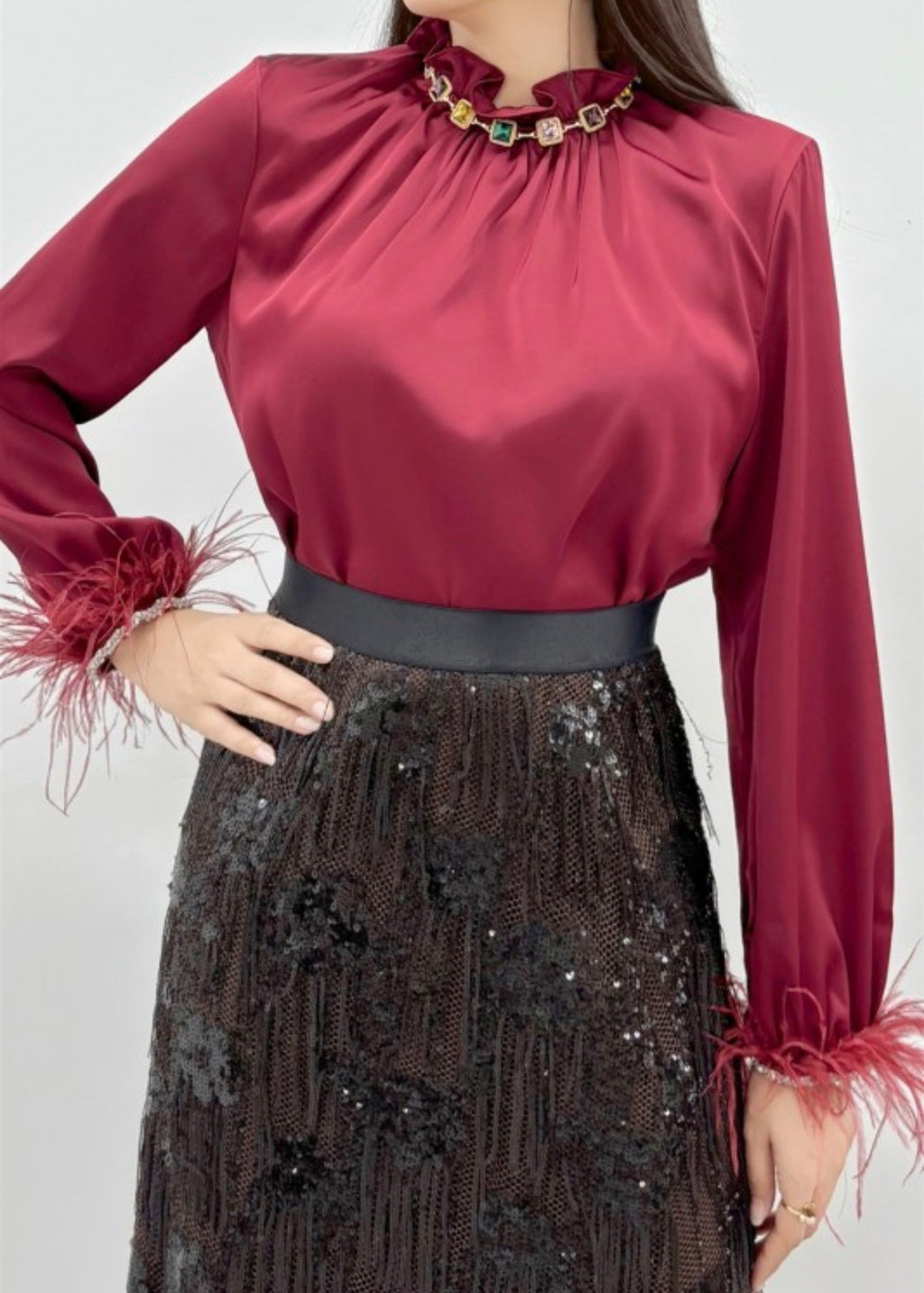 JEWELED RUFFLE NECK FEATHER CUFF BLOUSE