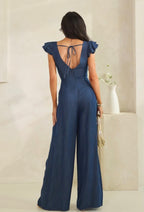 DARK WASHED DENIM DOUBLE RUFFLE LEEVE
JUMPSUIT