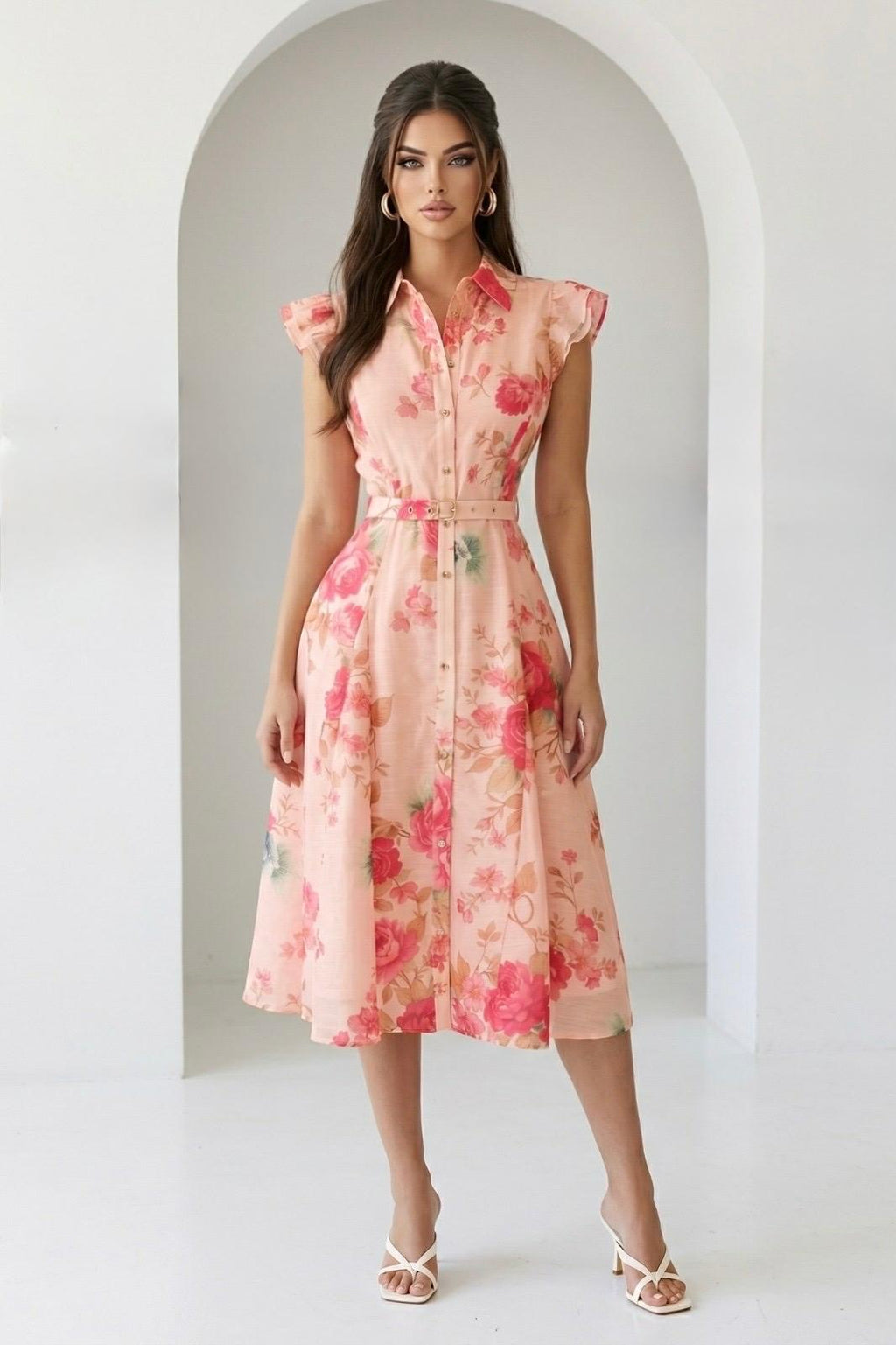 Floral Button Front Belted Midi Dress