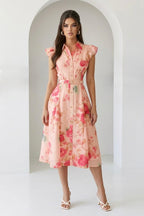Floral Button Front Belted Midi Dress