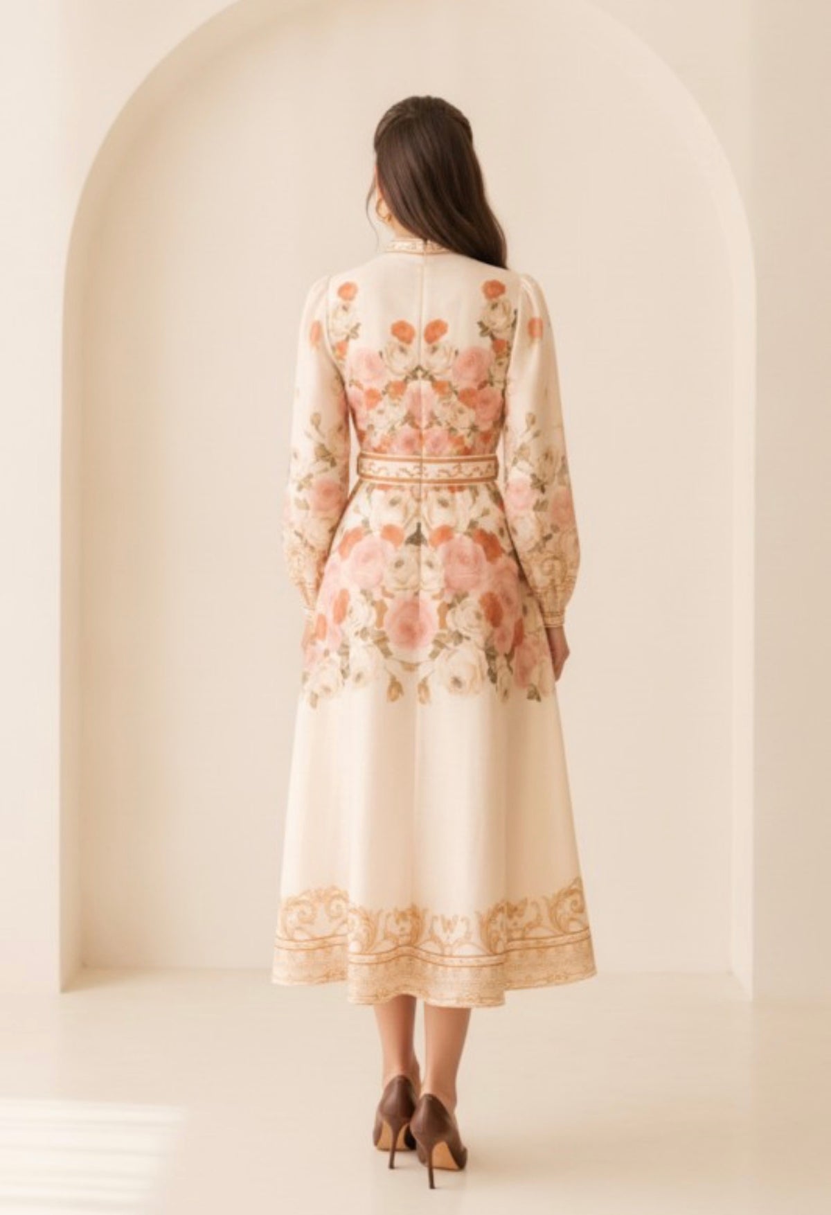 PRINTED LONG -SLEEVED MIDI DRESS