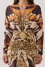 ANIMAL PRINT V-NECK DRAPED MIDI DRESS
