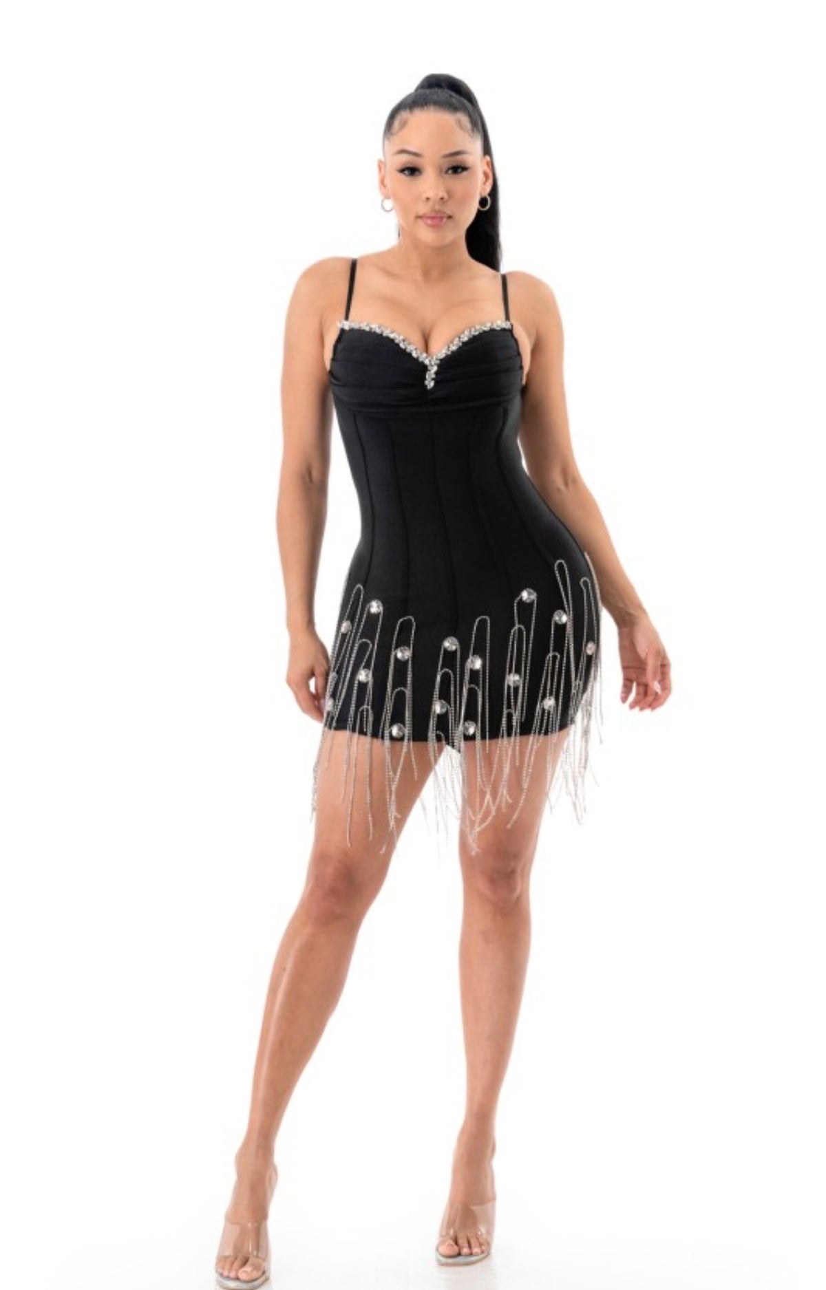 LUXE BODYCON BANDAGE MINI DRESS WITH CRYSTAL FRINGE