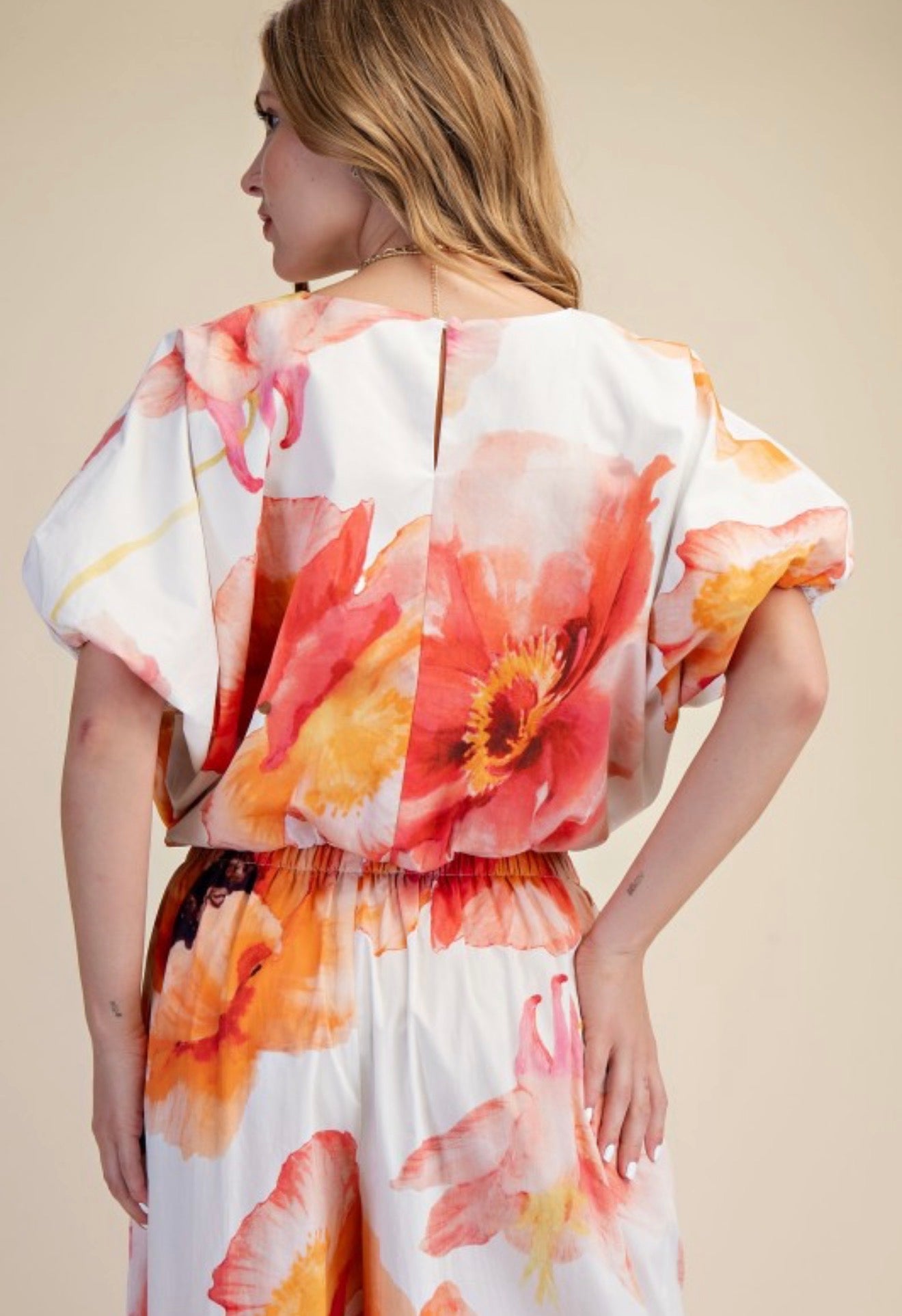 SET | ELASTIC WAIST BALLOON CROP BLOUSE + HIGH WAIST RUFFLE WIDE PANTS