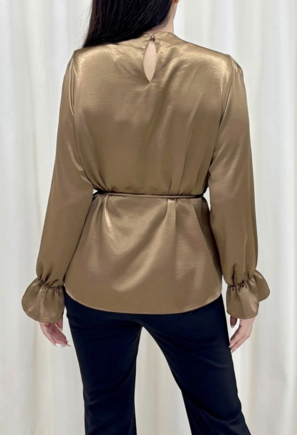 COFFEE PEARL EMBELLISHED RUFFLE SATIN BLOUSE