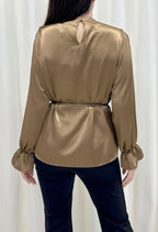 COFFEE PEARL EMBELLISHED RUFFLE SATIN BLOUSE
