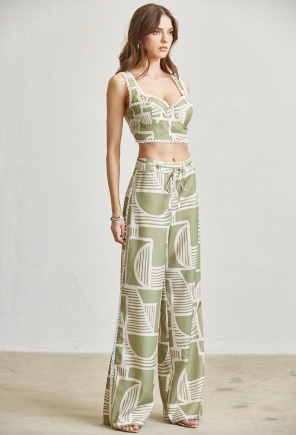 PRINTED LACE TRIM 3-PC PANT SET
