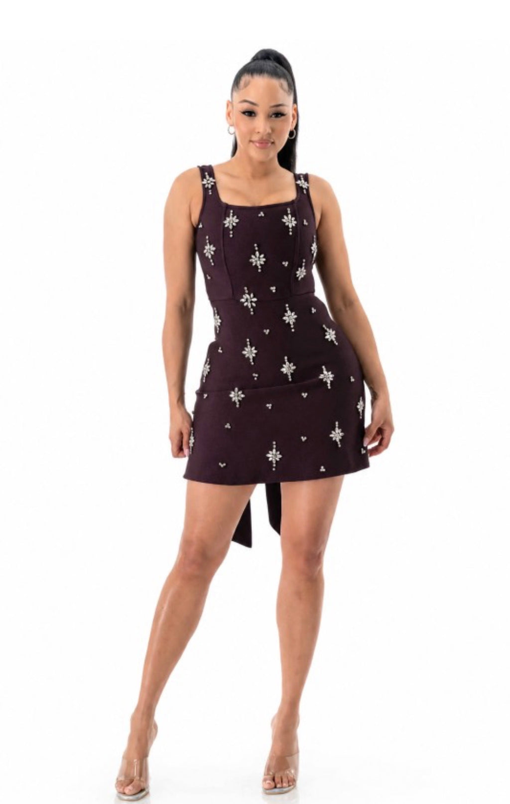 CHOCOLATE BANDAGE EMBELLISHED MINI DRESS