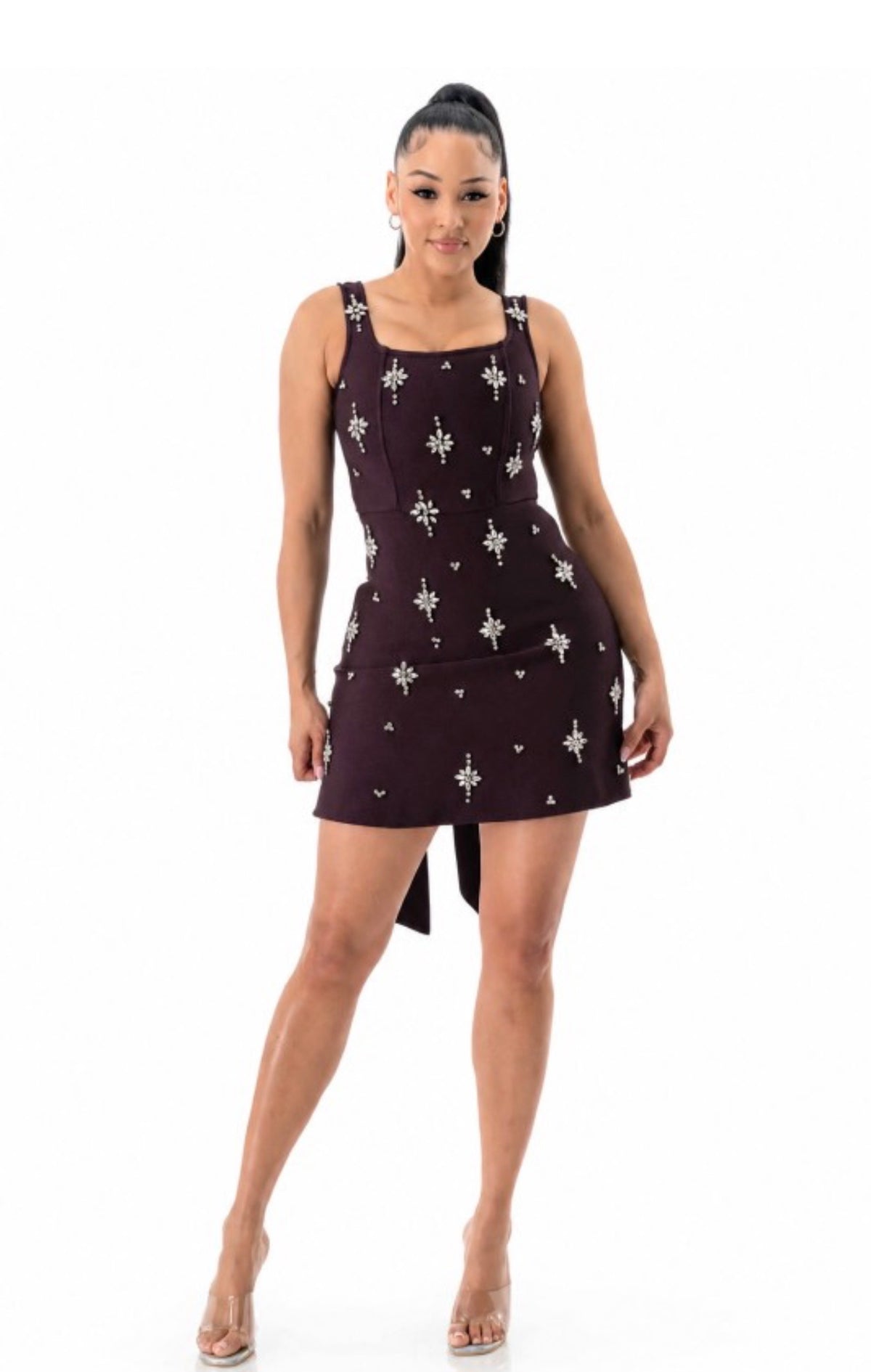 CHOCOLATE BANDAGE EMBELLISHED MINI DRESS