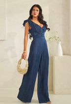 DARK WASHED DENIM DOUBLE RUFFLE LEEVE
JUMPSUIT