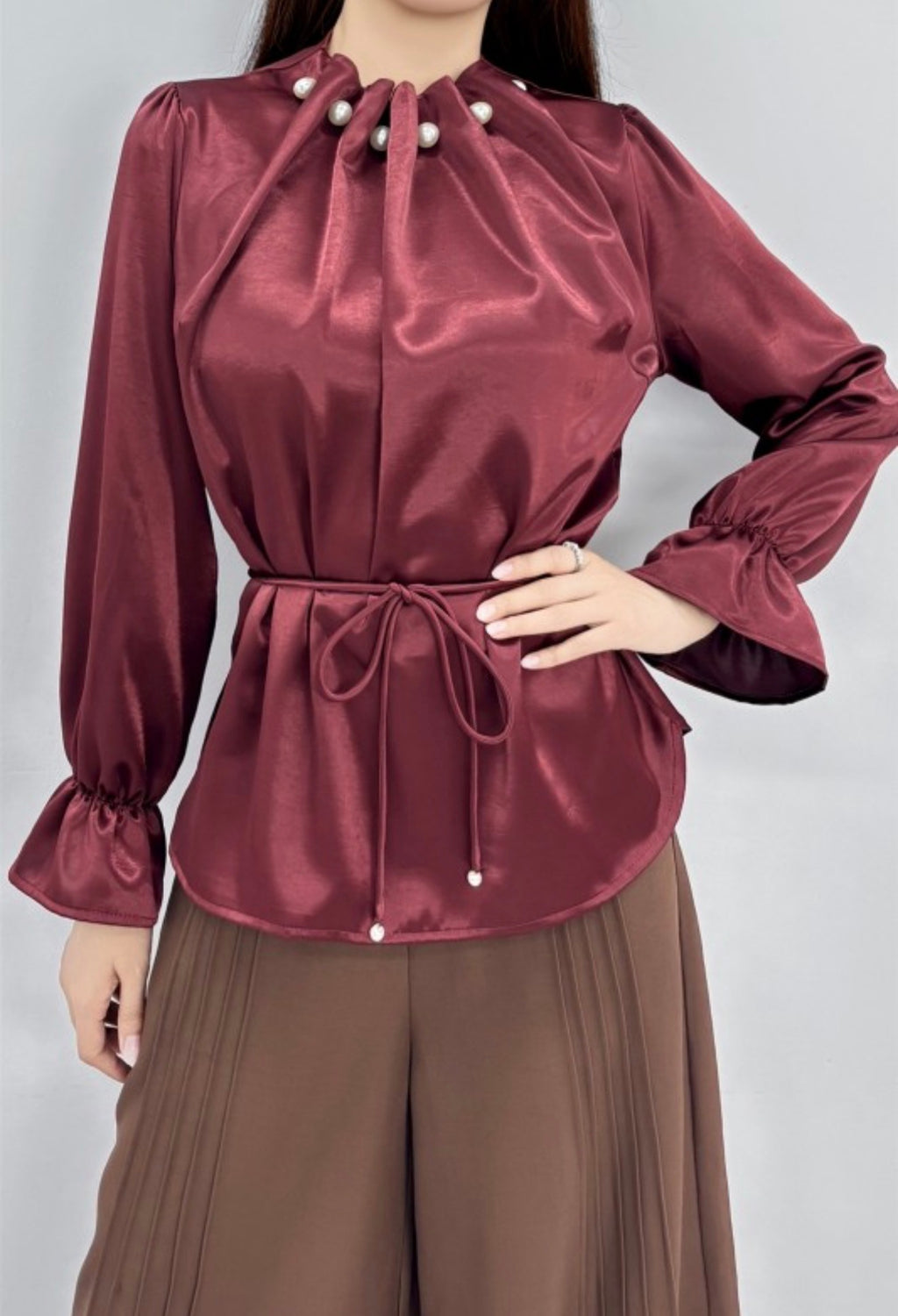 BURGUNDY PEARL EMBELLISHED RUFFLE SATIN BLOUSE