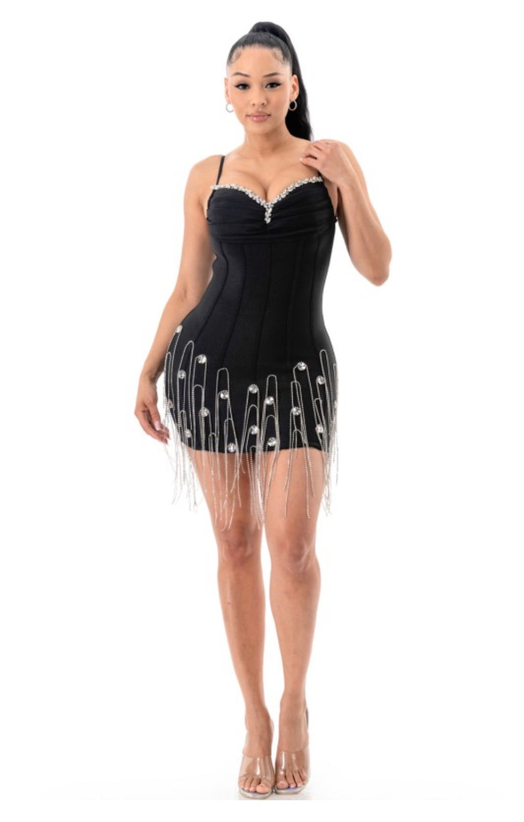 LUXE BODYCON BANDAGE MINI DRESS WITH CRYSTAL FRINGE