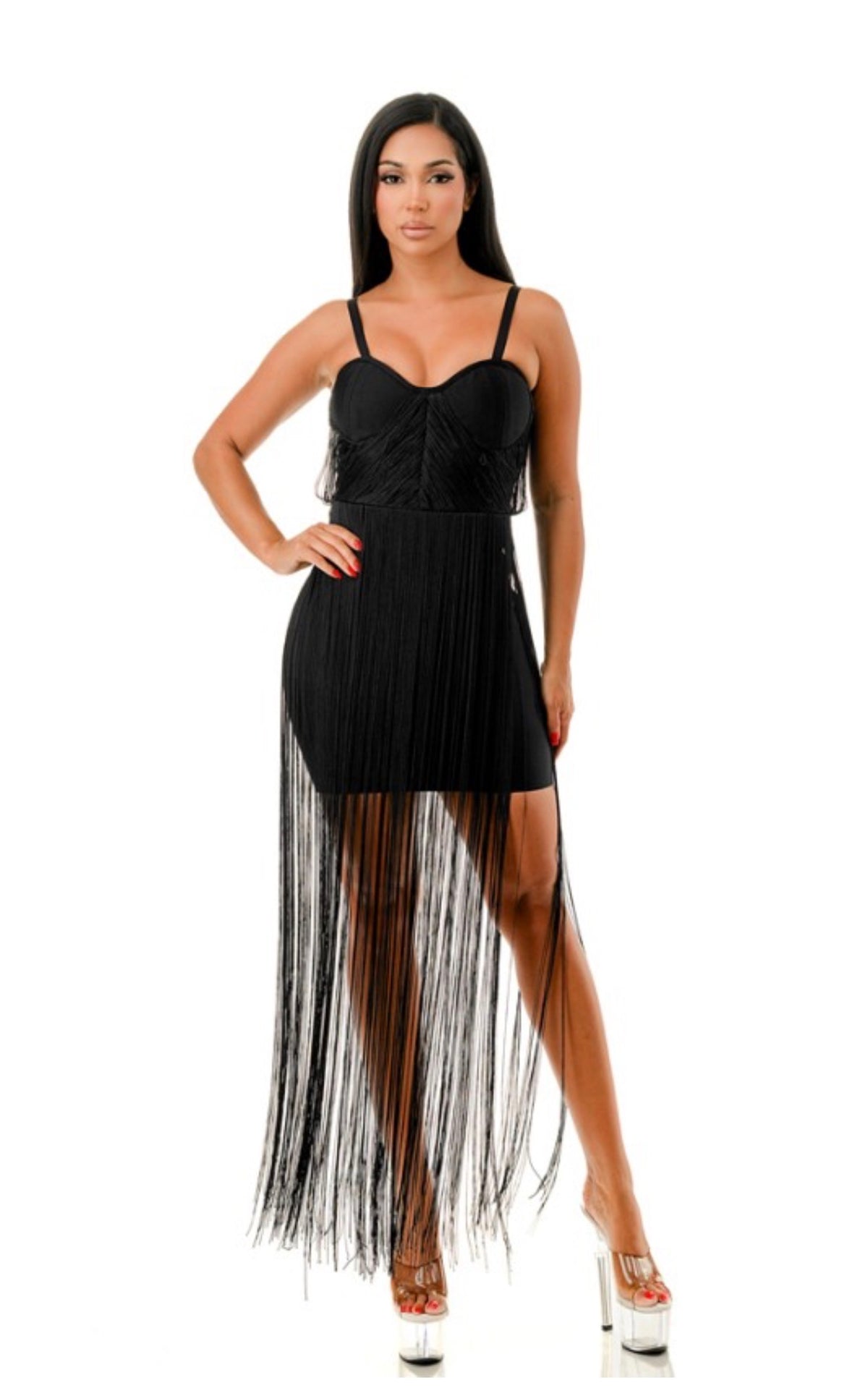 MINI BANDAGE DRESS WITH FRINGE DETAIL