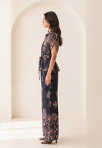 PRINTED V-NECKLINE SHORT TAP SLVS TOP W/WAIST TIE, PRINTED