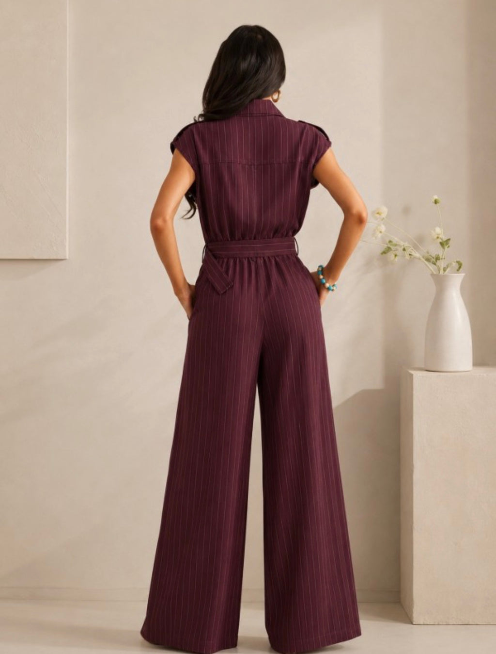BELTED PINSTRIPE BUTTON ACCENT JUMPSUIT