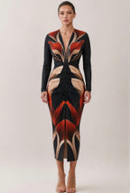 PRINT V-NECK RUCHED MIDI DRESS