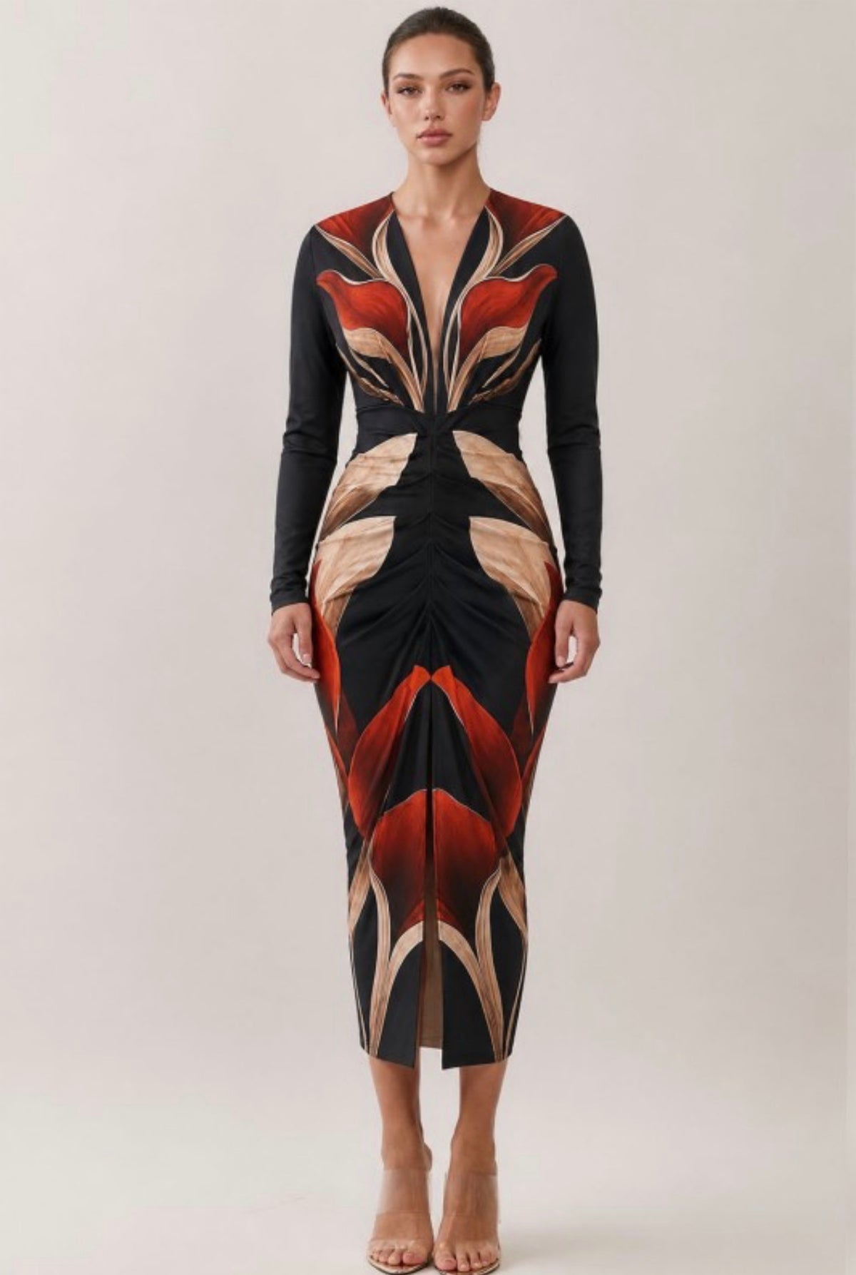 PRINT V-NECK RUCHED MIDI DRESS