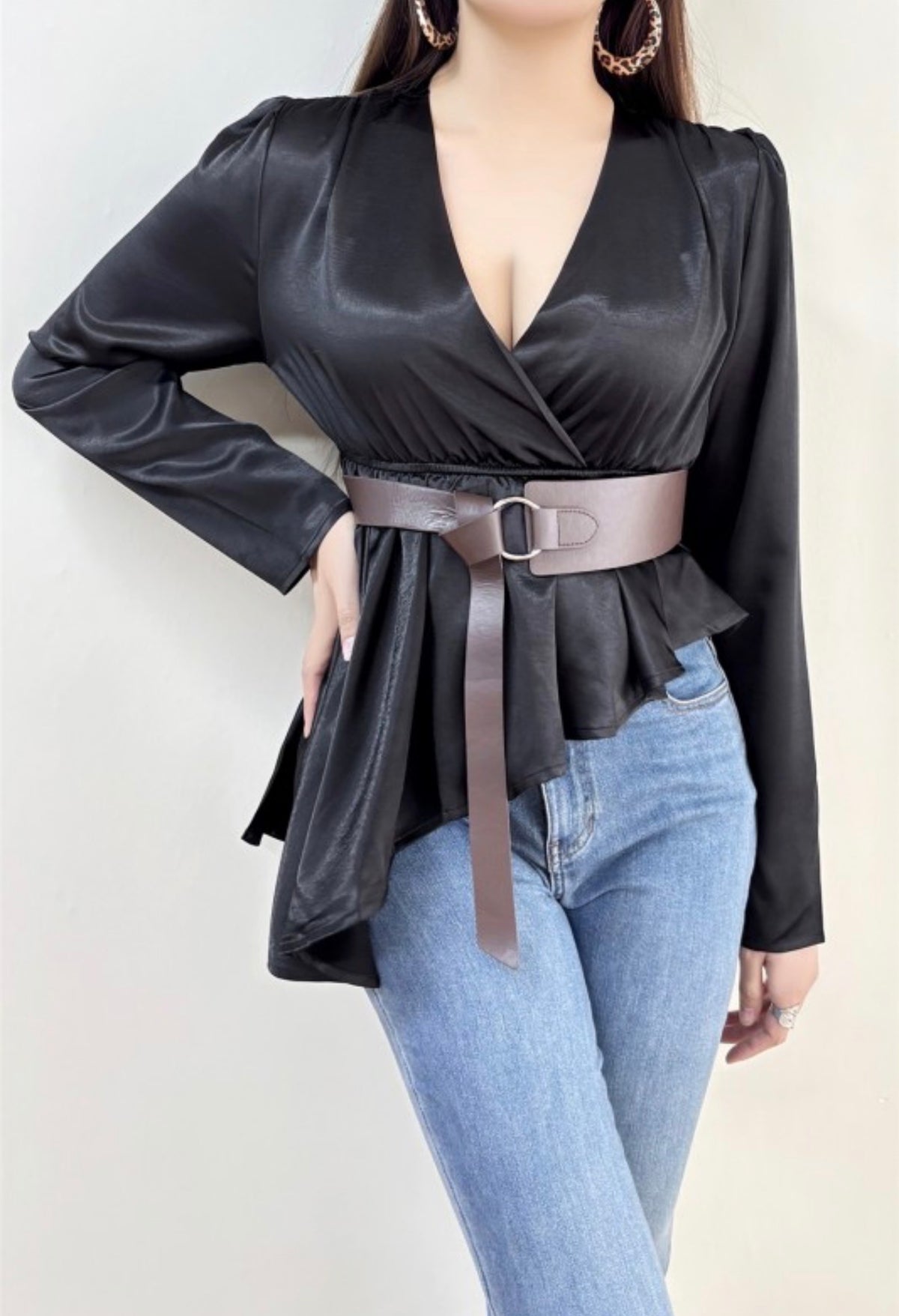 ASYMMETRICAL BELTED WRAP BLOUSE