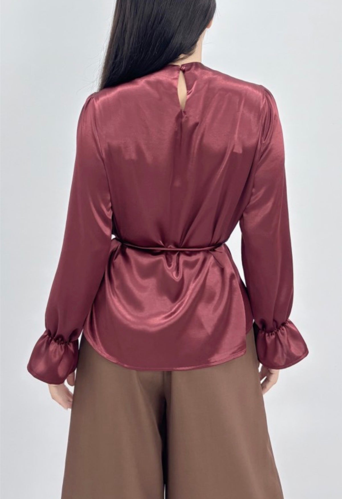 BURGUNDY PEARL EMBELLISHED RUFFLE SATIN BLOUSE