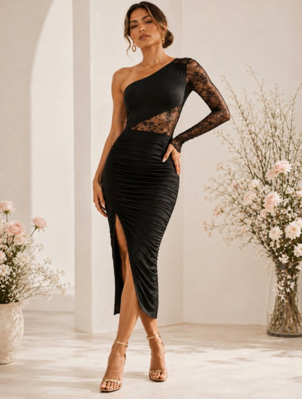 BLACK ONE-SHOULDER LACE RUCHED MIDI DRESS