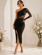 BLACK ONE-SHOULDER LACE RUCHED MIDI DRESS