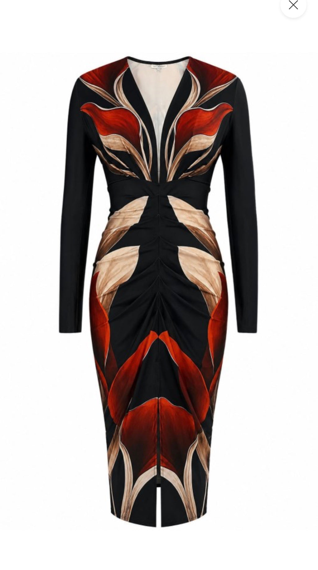PRINT V-NECK RUCHED MIDI DRESS