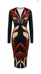 PRINT V-NECK RUCHED MIDI DRESS