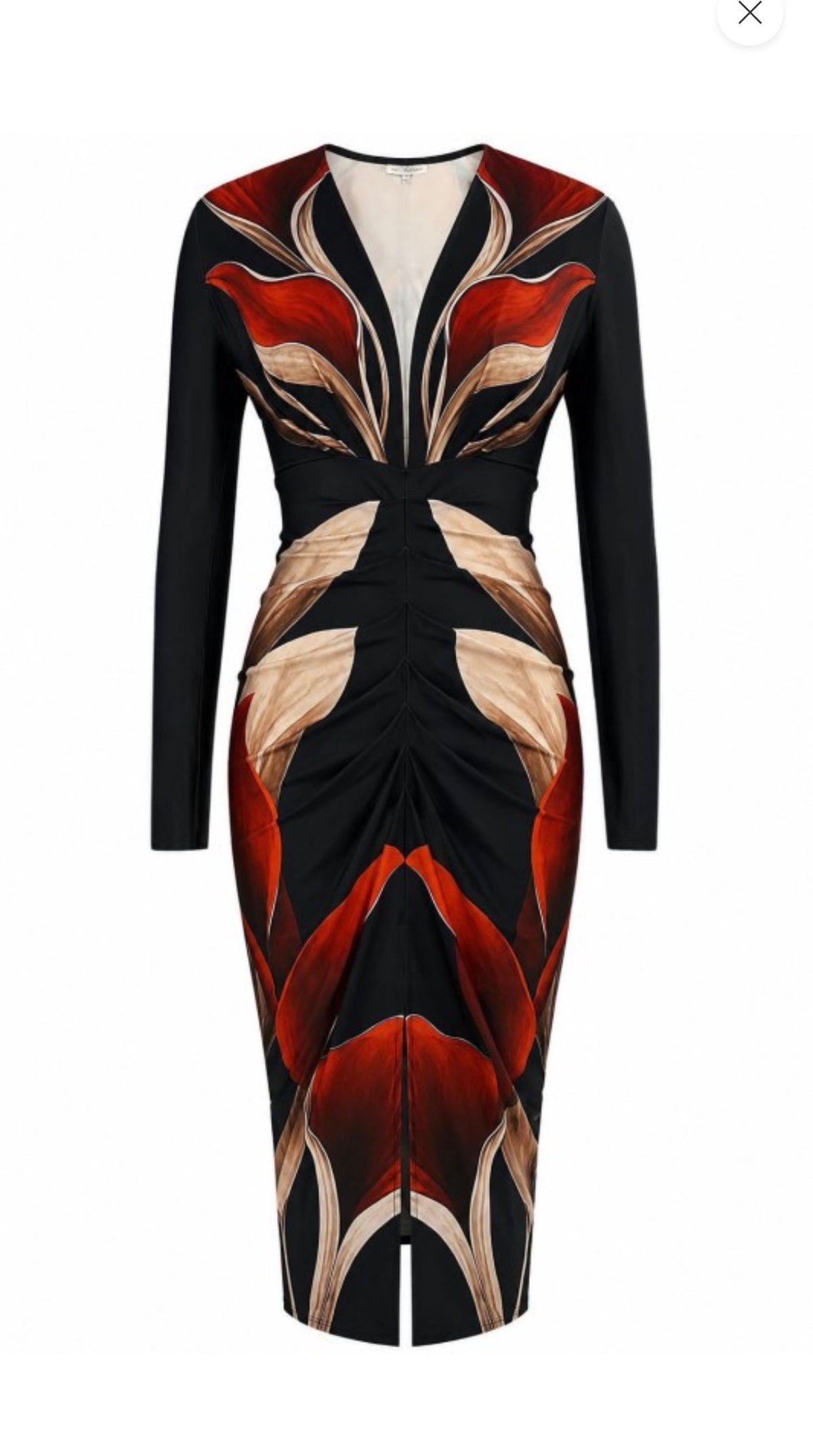 PRINT V-NECK RUCHED MIDI DRESS