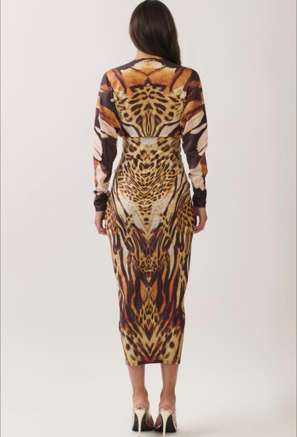 ANIMAL PRINT V-NECK DRAPED MIDI DRESS