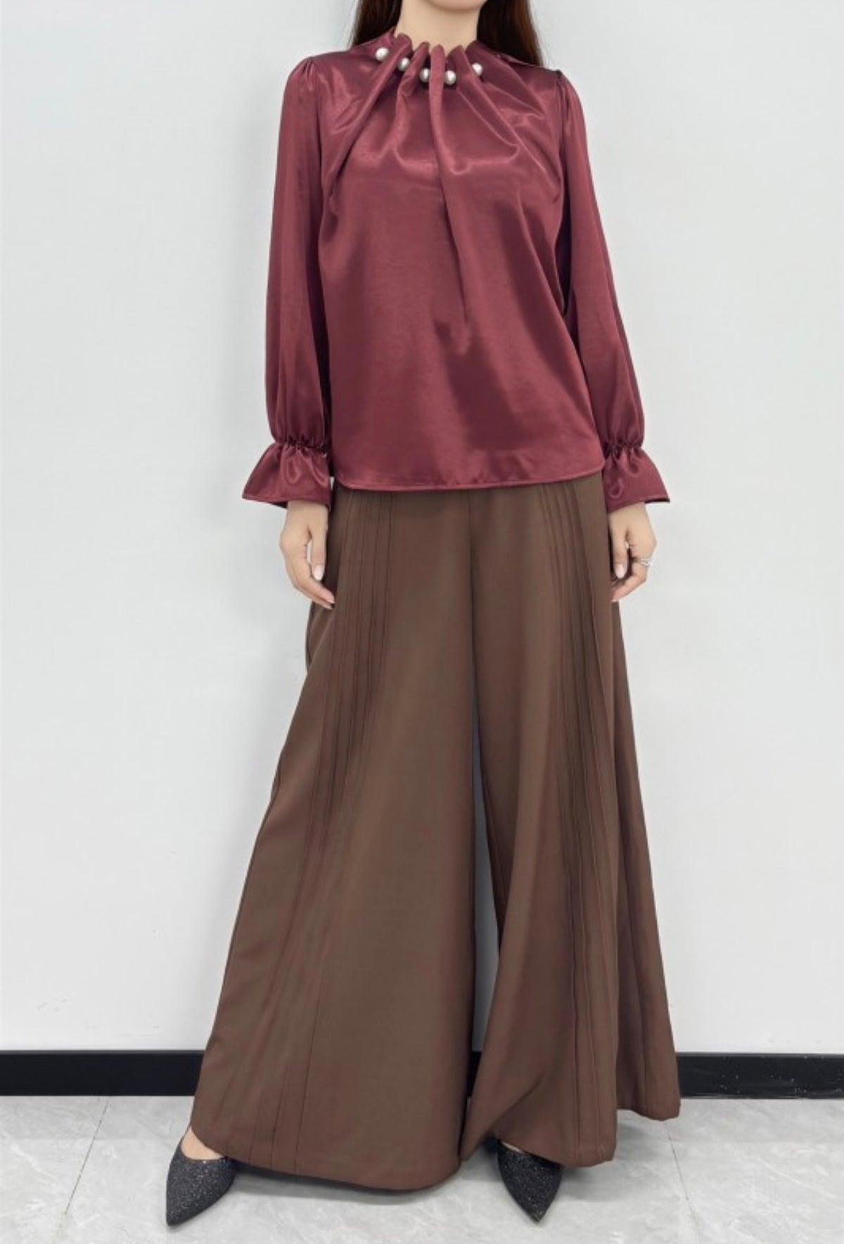 BURGUNDY PEARL EMBELLISHED RUFFLE SATIN BLOUSE