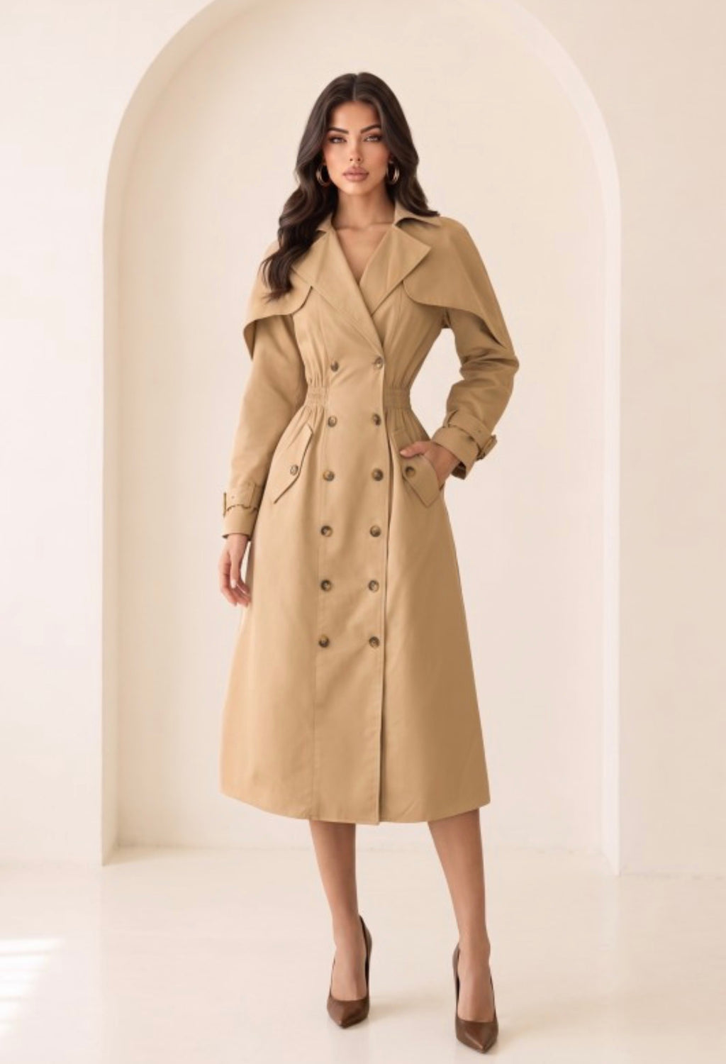 CAPE LONG SLEEVES TRENCH MIDI DRESS