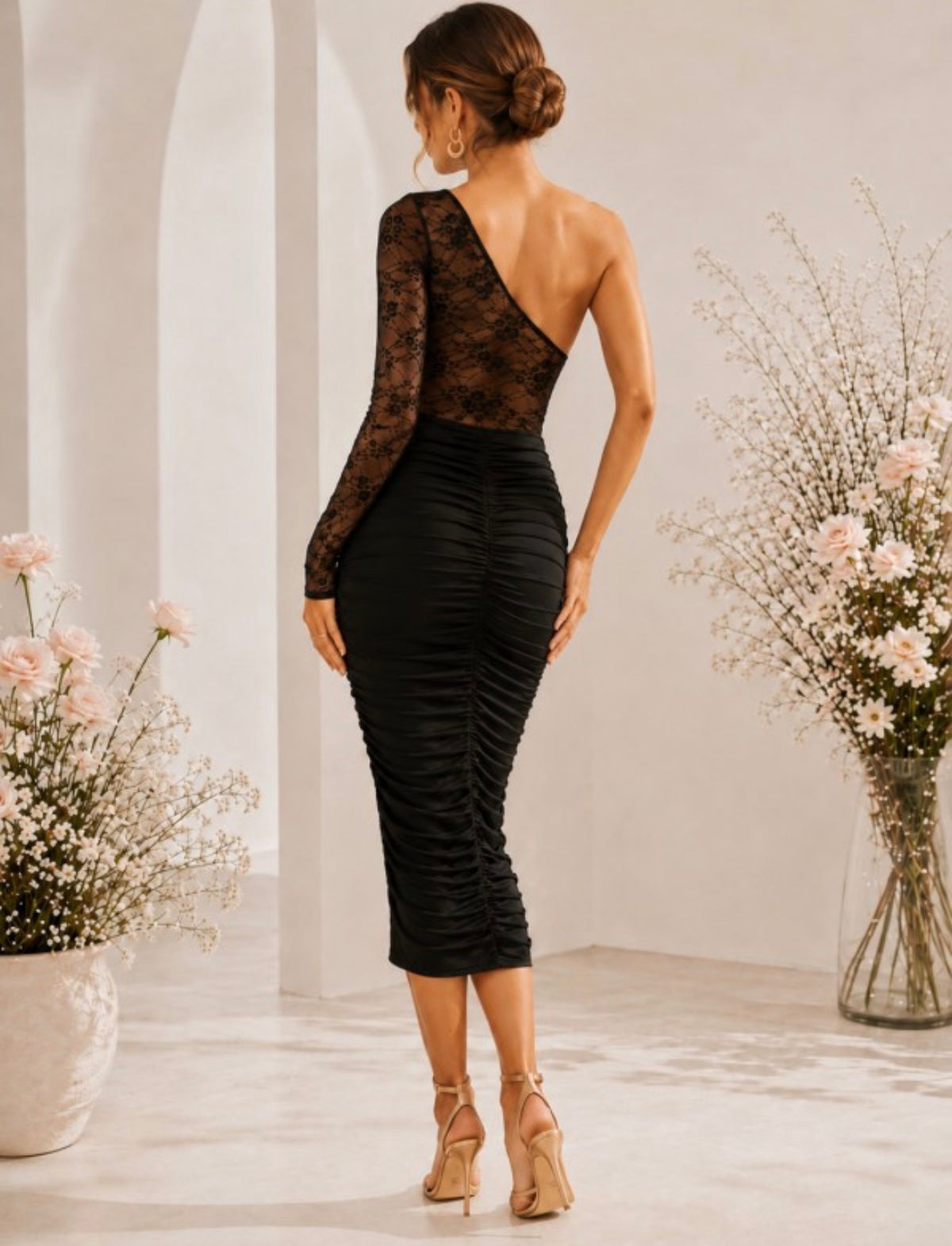 BLACK ONE-SHOULDER LACE RUCHED MIDI DRESS