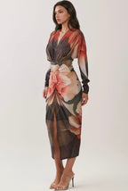 FLORAL PRINT V-NECK RUCHED MIDI DRESS
