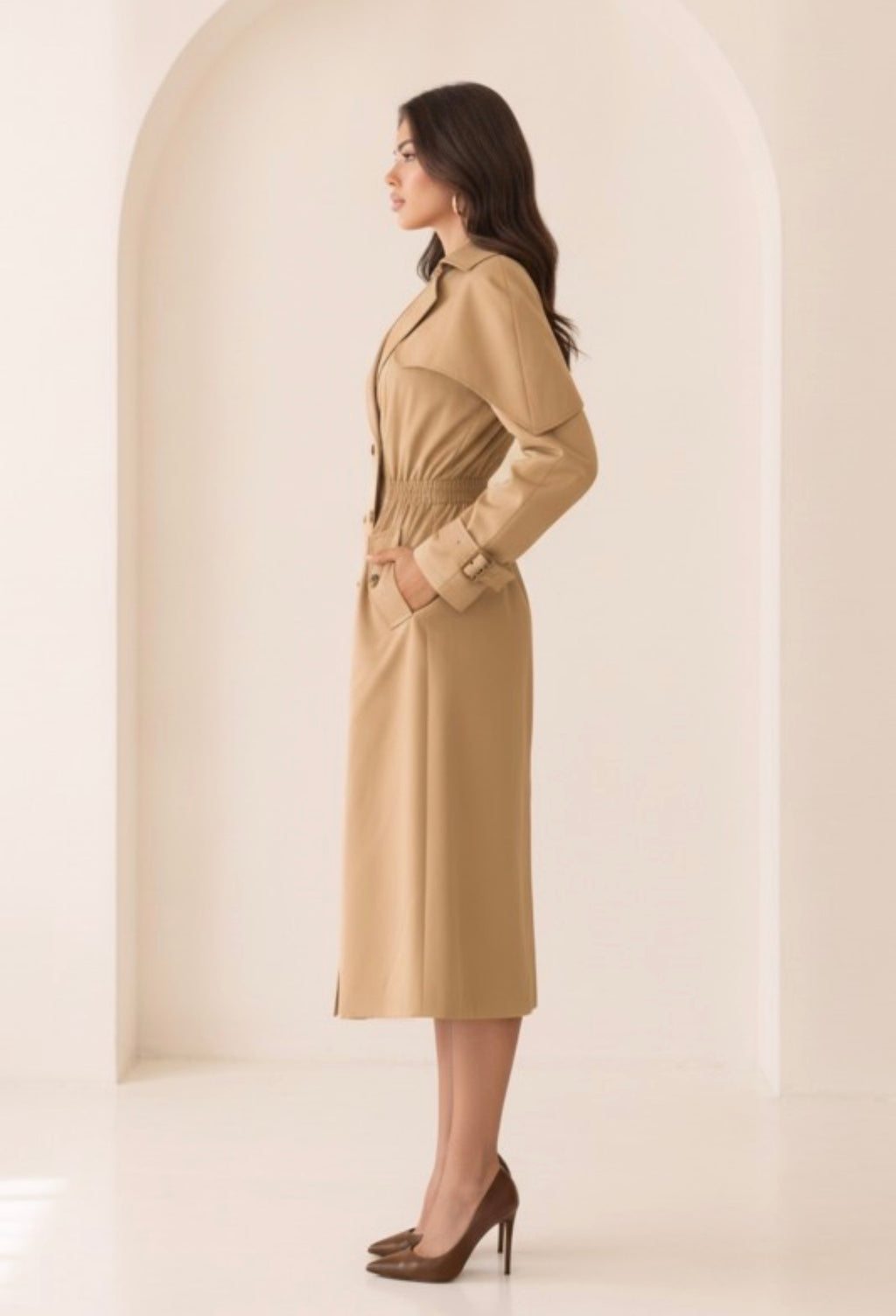 CAPE LONG SLEEVES TRENCH MIDI DRESS