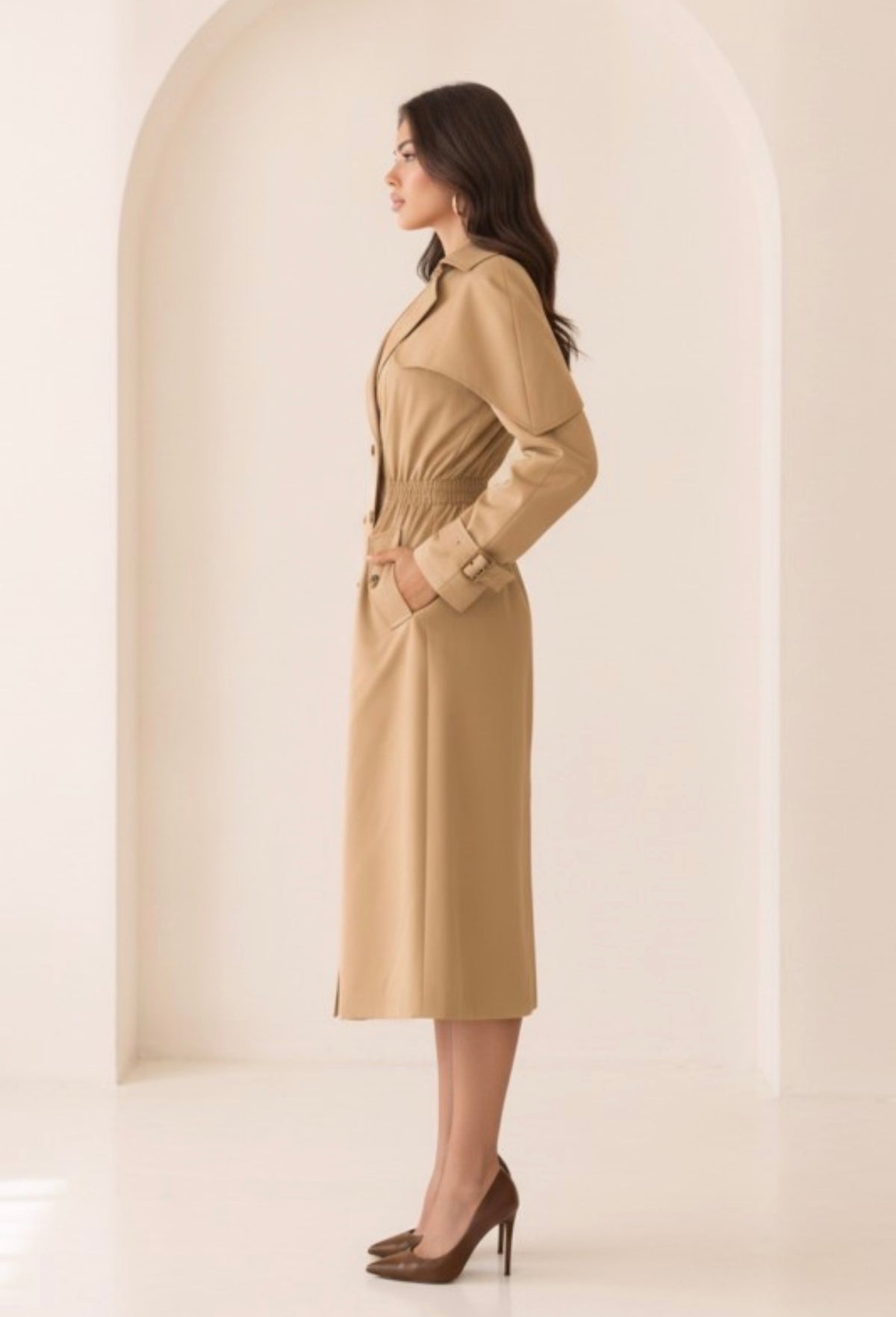 CAPE LONG SLEEVES TRENCH MIDI DRESS